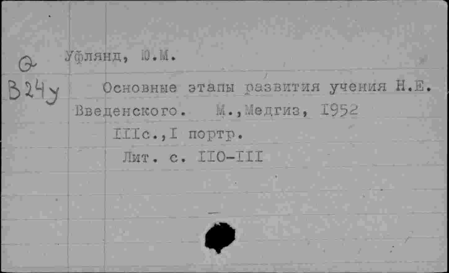 ﻿е>^
Уфлянд, Ю.М.
" 7.
Основные этапы развития учения
Введенского. М.,Медгиз, 1952
IIIс.,I портр.
Лит. с. 110-111